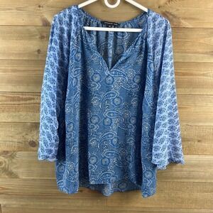 Zac & Rachel Womens Shirt 3/4 Sleeve Vneck Paisley Floral Sheer Boho Prairie 2X